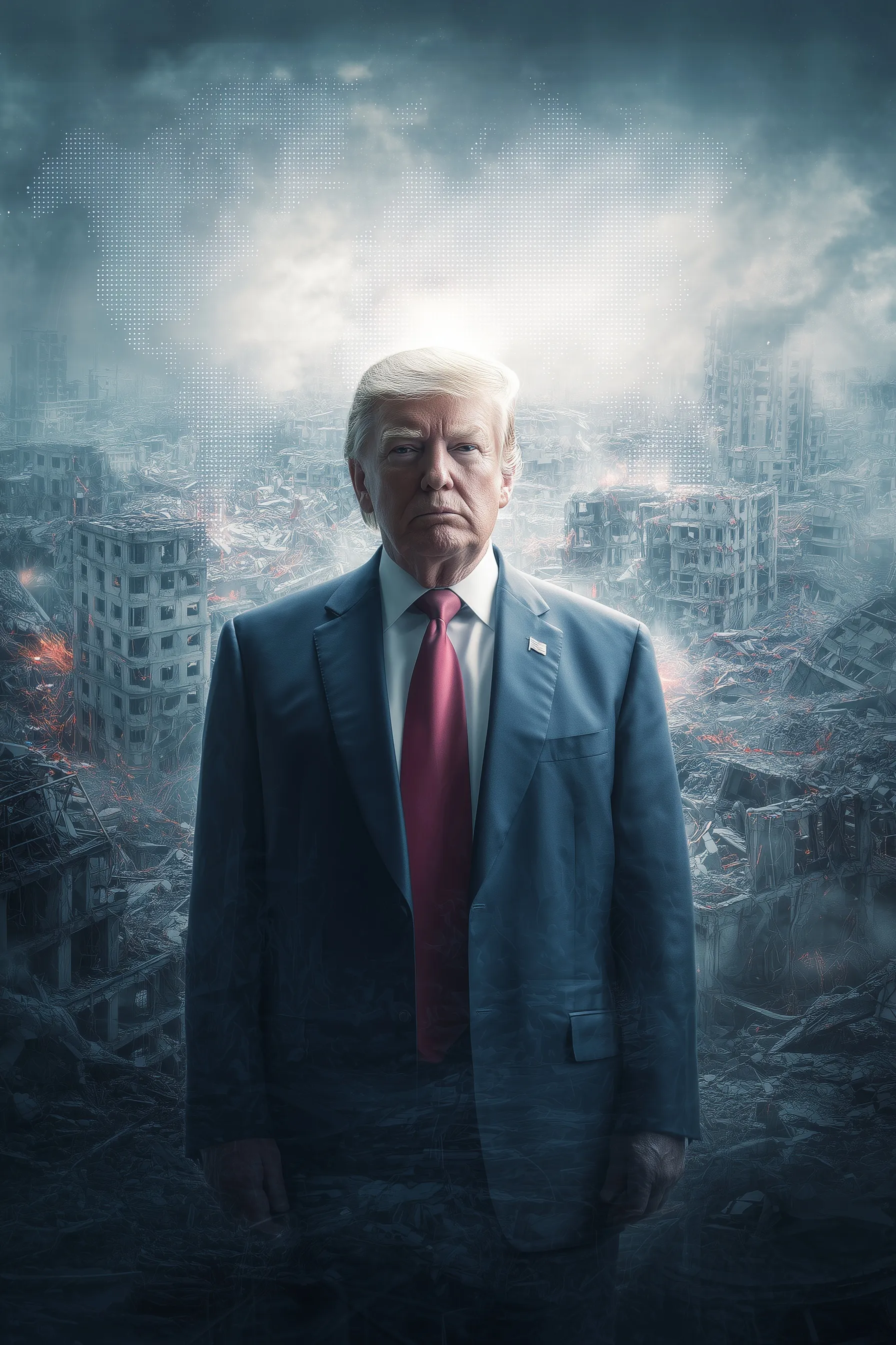 Donald Trump stands before a digital screen displaying a destroyed Gaza cityscape with an analytical strategy map.