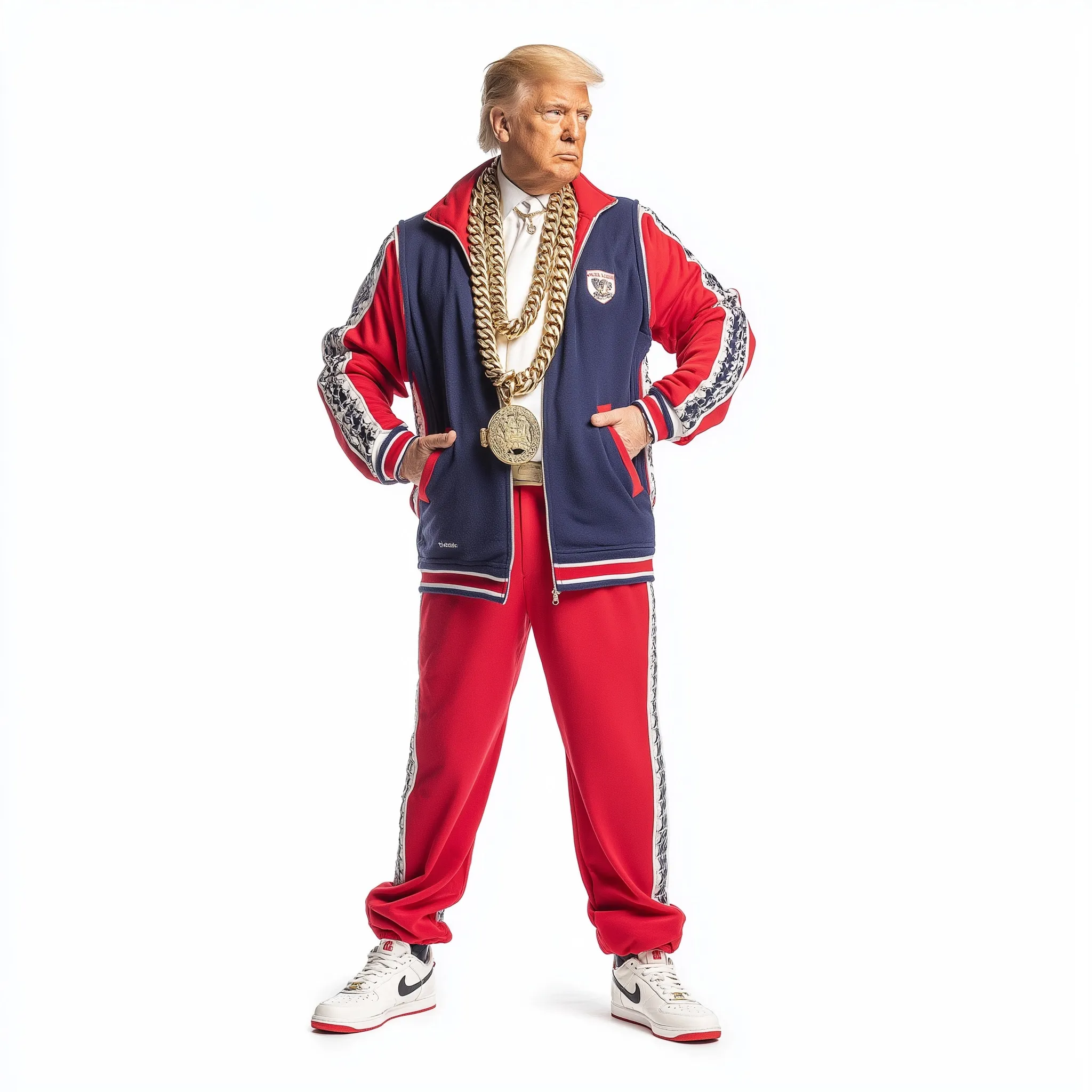 AI-generated Donald Trump in a red, white, and blue Nike Tech fleece tracksuit with iced-out gold jewelry.