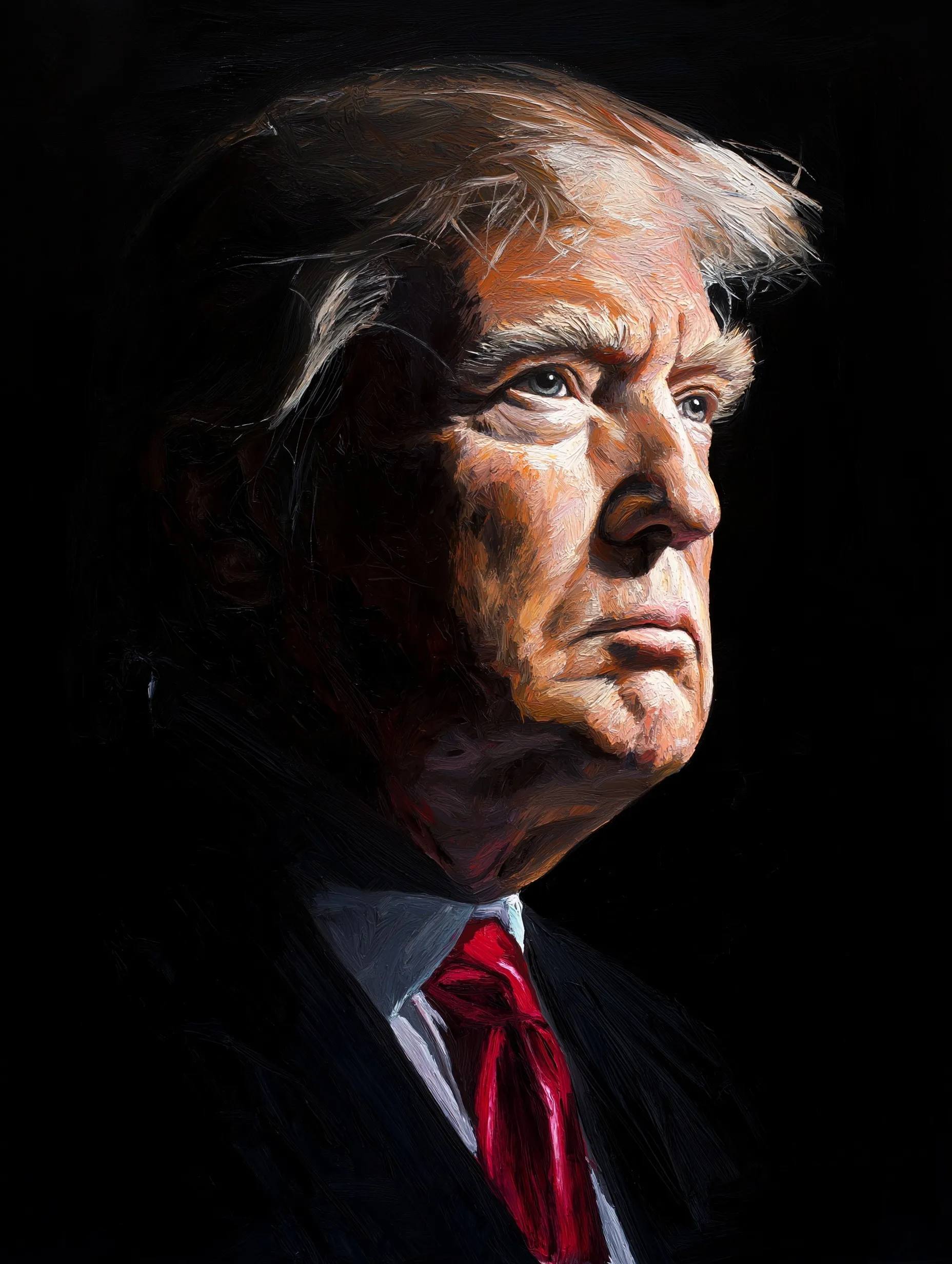 A detailed digital portrait of President Donald Trump isolated on a solid black background.