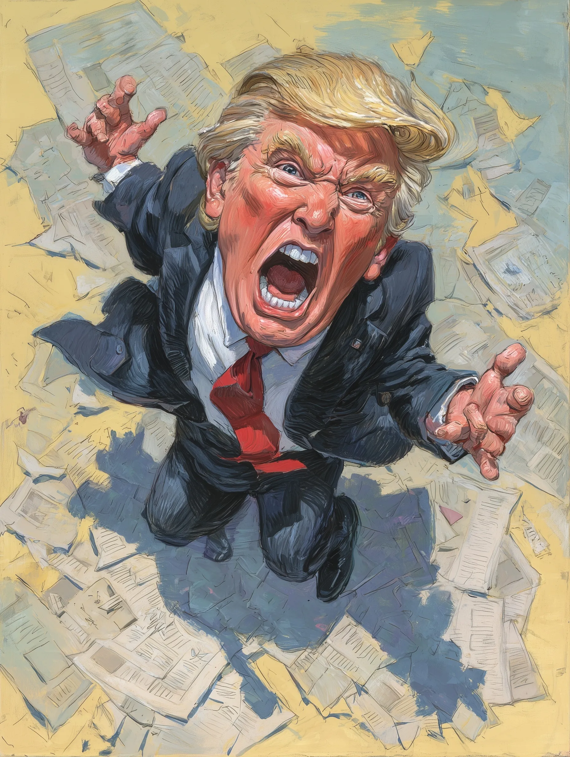 Aerial view caricature of a Trump-like figure screaming and throwing a tantrum on the floor, digital AI art.