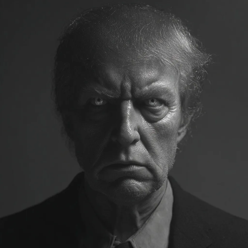 Photorealistic AI-generated portrait of Donald Trump in the dark, surreal cinematic style of Chris Cunningham.