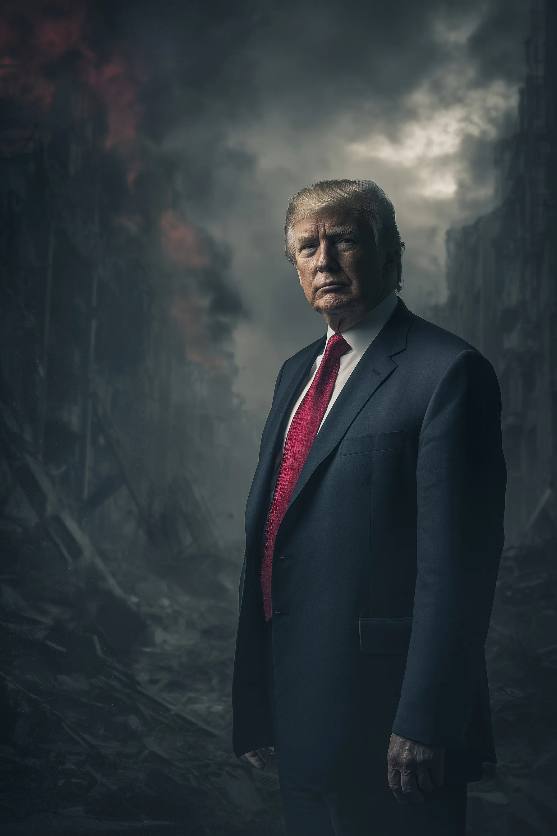 A cinematic portrait of Donald Trump emerging from smoke and burning ruins with dramatic chiaroscuro lighting.
