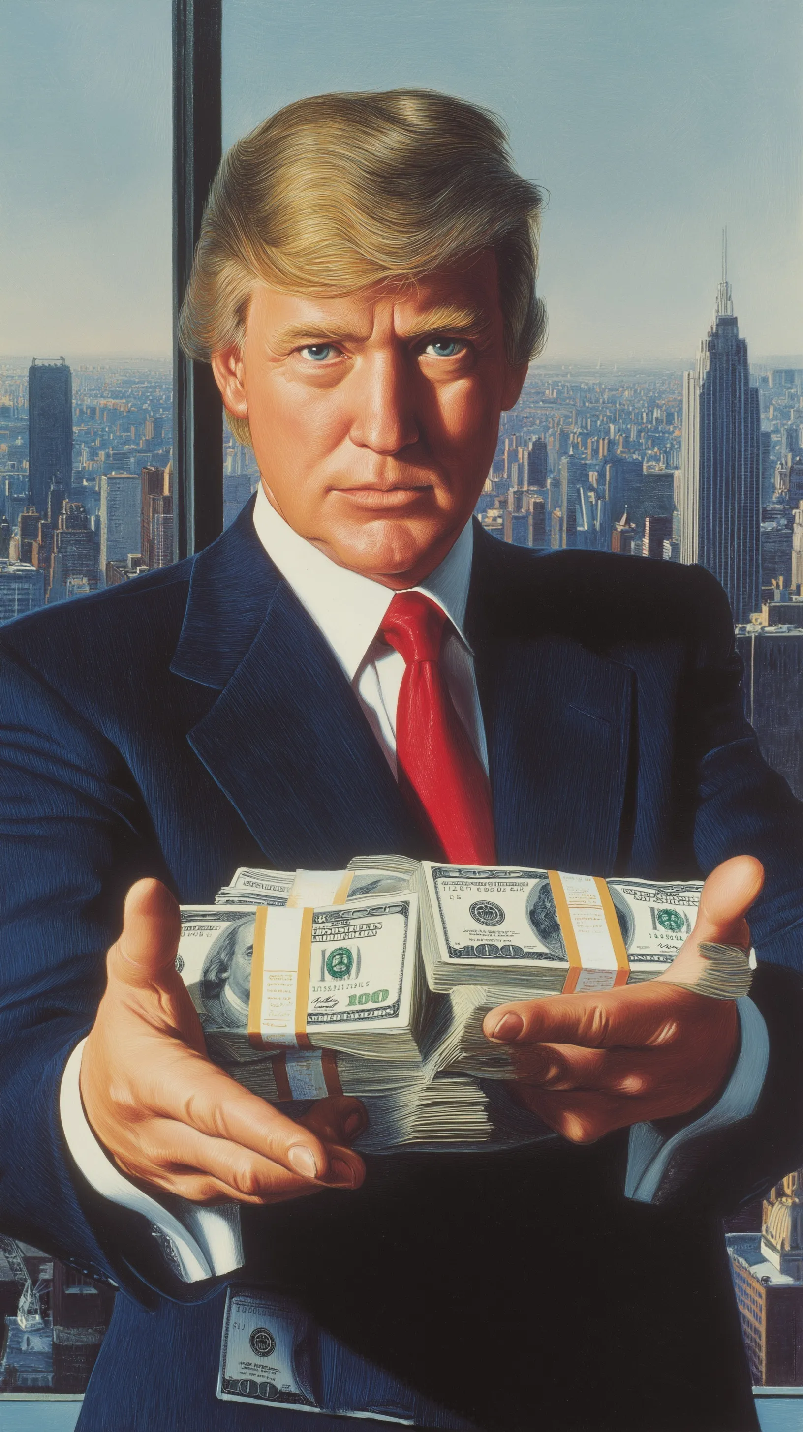 Realistic 1980s young Donald Trump in a luxury penthouse holding stacks of hundred-dollar bills, cinematic lighting.
