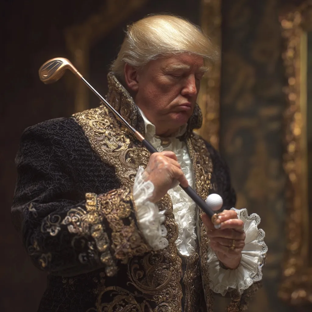 AI-generated image of Donald Trump as a golf diplomat in a suit, preparing for a professional business meeting.