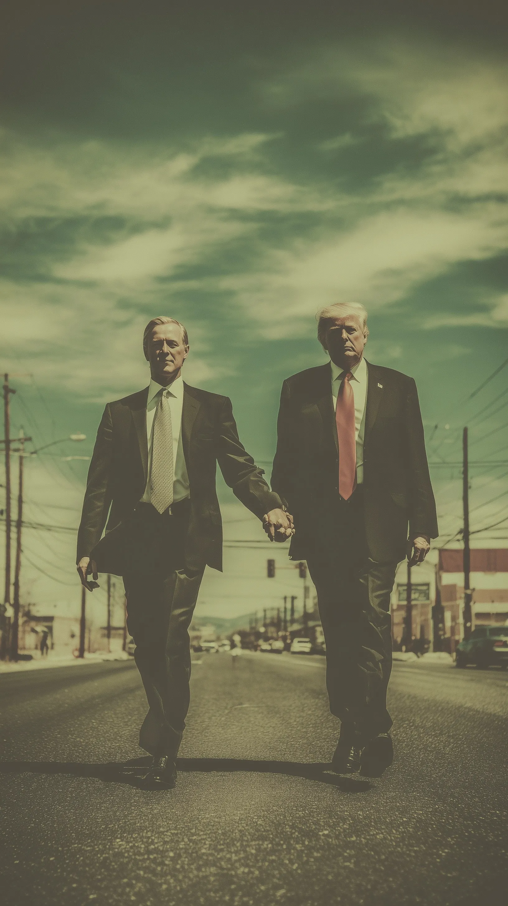 Cinematic shot of two businessmen, one with a blonde comb-over, holding hands and prancing toward the camera.