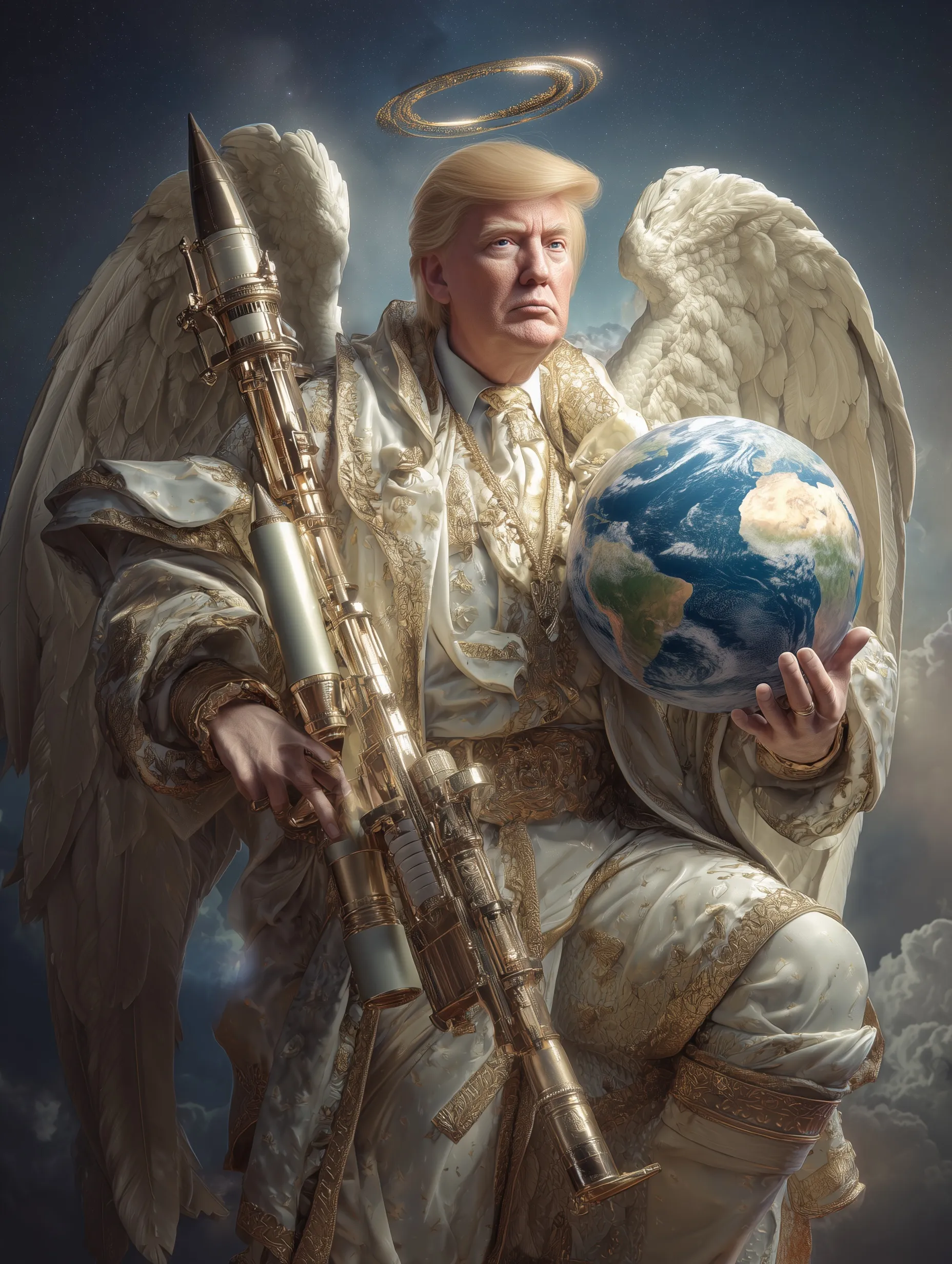 A 3D funny angel Donald Trump illustration with a missile and Earth, set against a whimsical space background.