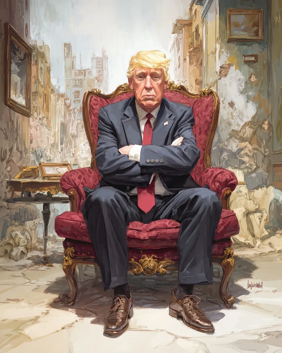 A satirical caricature of Donald Trump in Washington with ghostly figures representing the past behind him.