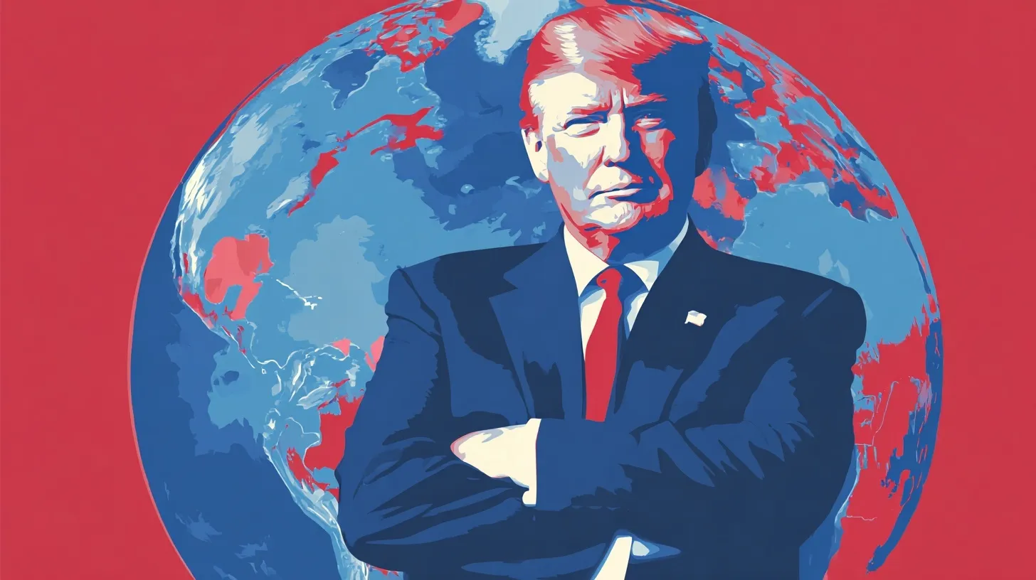 American leader in a red tie standing before a globe inside the White House, WPA National Park art style.