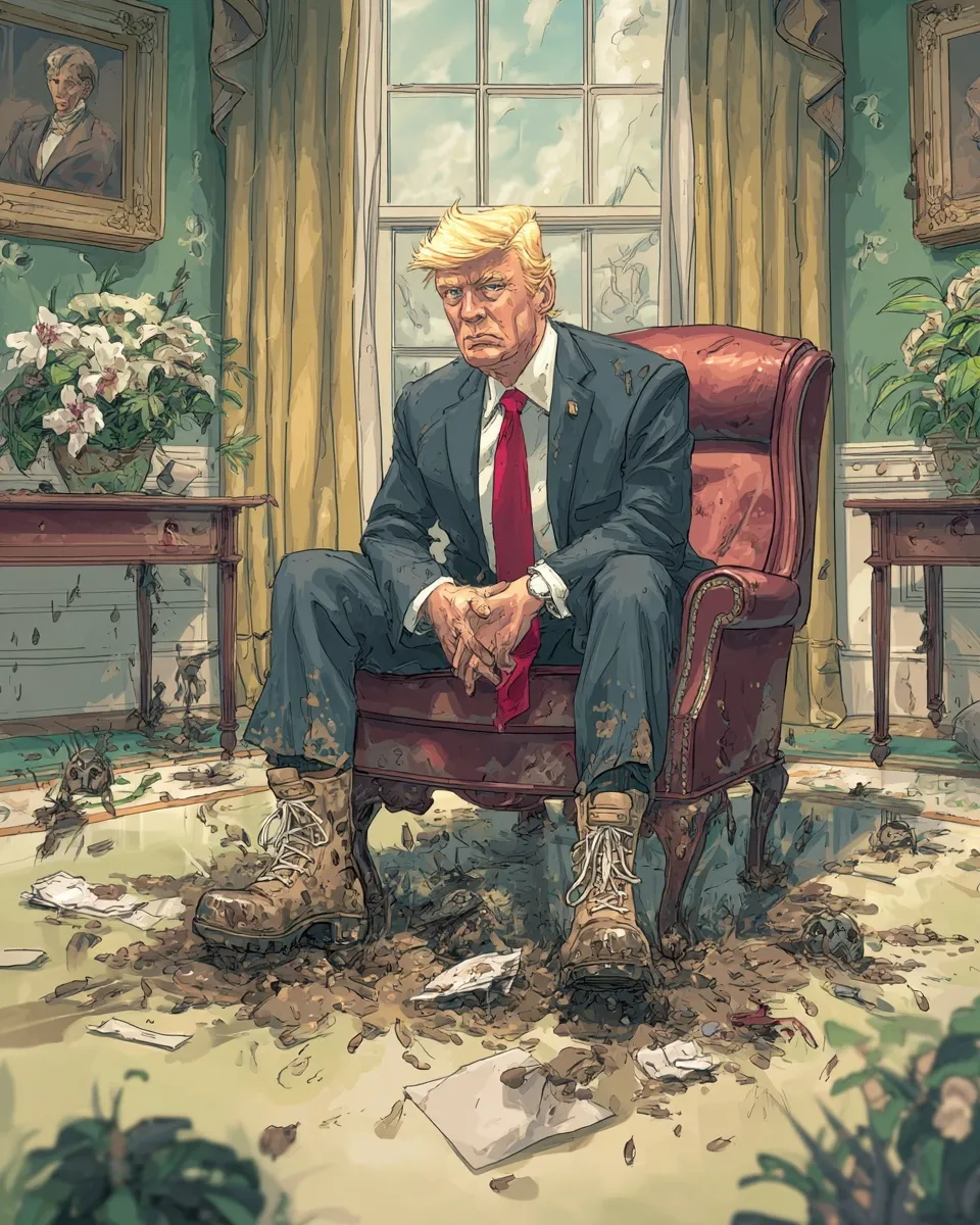 AI-generated caricature of a powerful blonde man in a red tie with muddy shoes, surrounded by flies in the Oval Office.