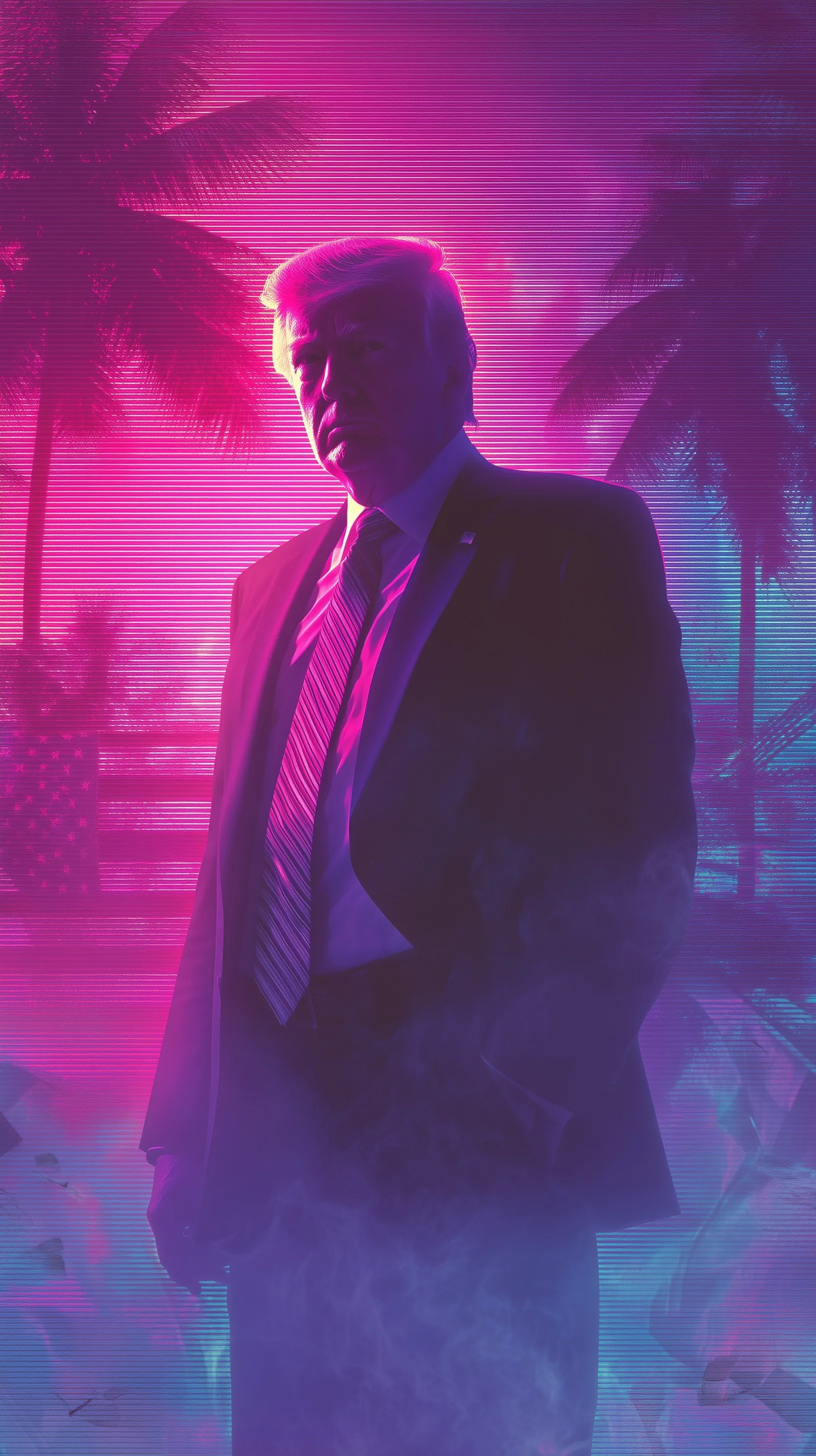 Donald Trump in a synthwave neon aesthetic with a glitchy American flag and retro 1980s cyberpunk lighting.