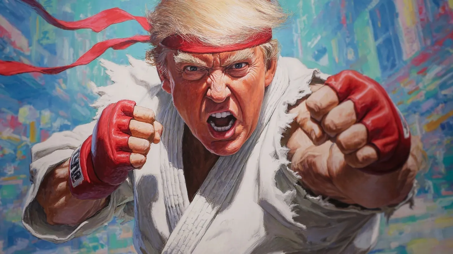 AI-generated image of Donald Trump dressed as Ryu from Street Fighter wearing a white karate gi.