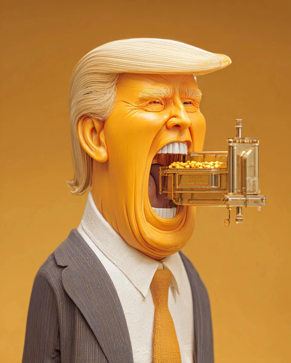A satirical caricature of a man with orange skin and a blonde comb-over, smiling while dispensing a gold bar.