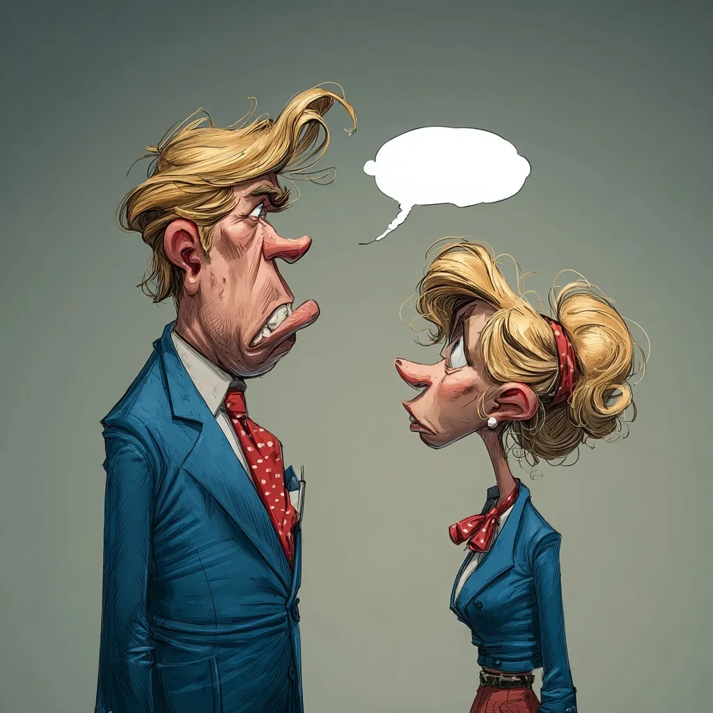 Funny caricature of a corrupt American politician in a blue suit and red tie talking to his wife, digital art.