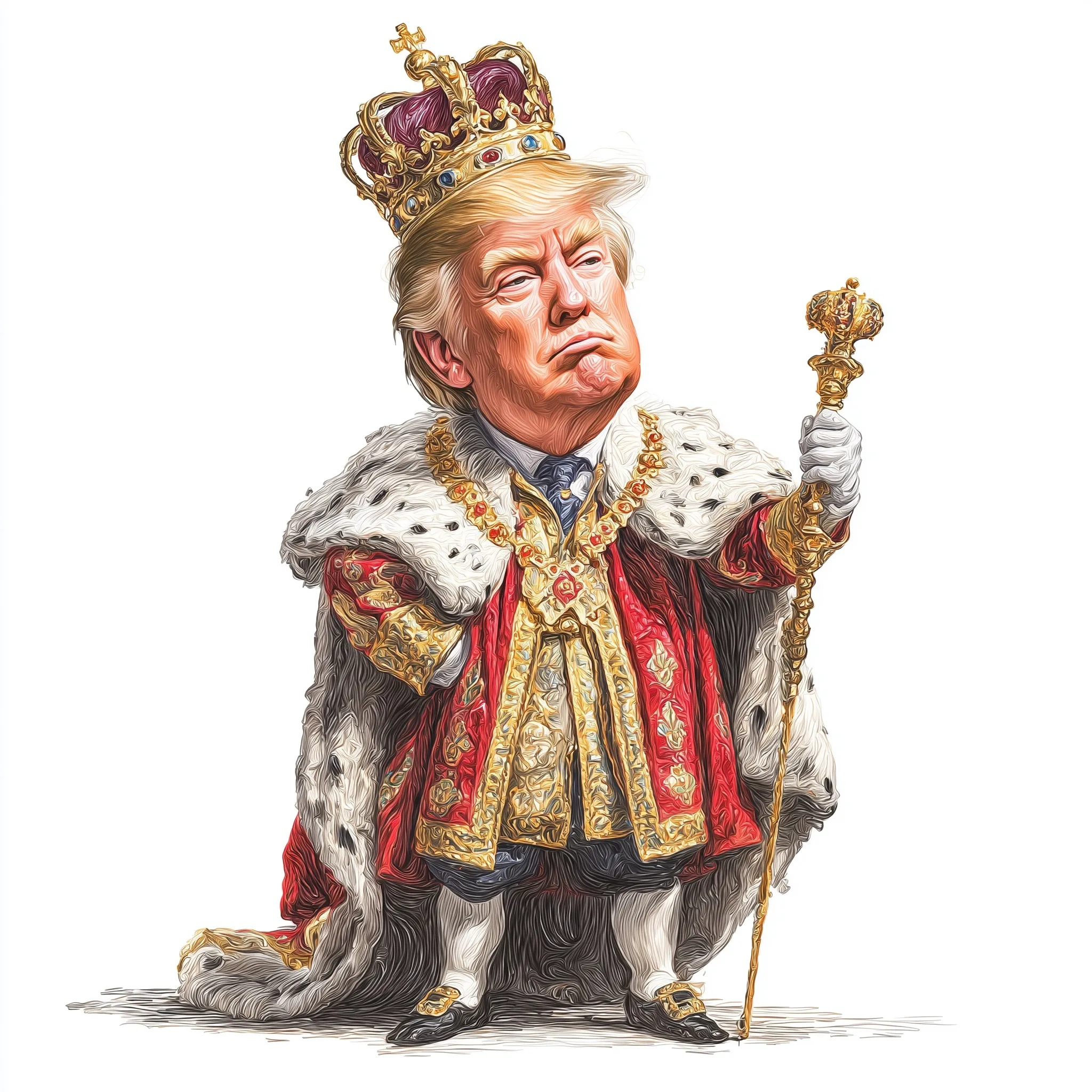 A satirical caricature illustration of Donald Trump dressed as a king with a crown and royal robes.