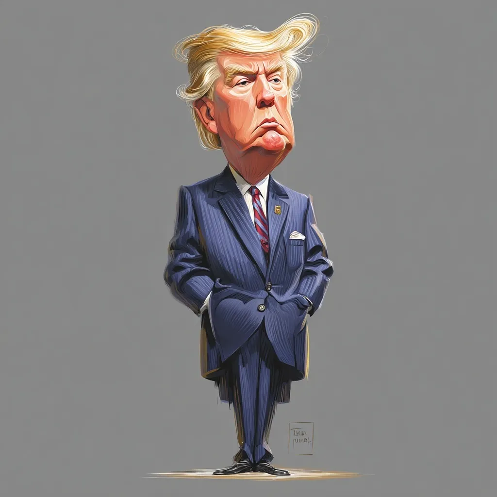 A professional caricature illustration of Donald Trump with exaggerated features, isolated on a white background.