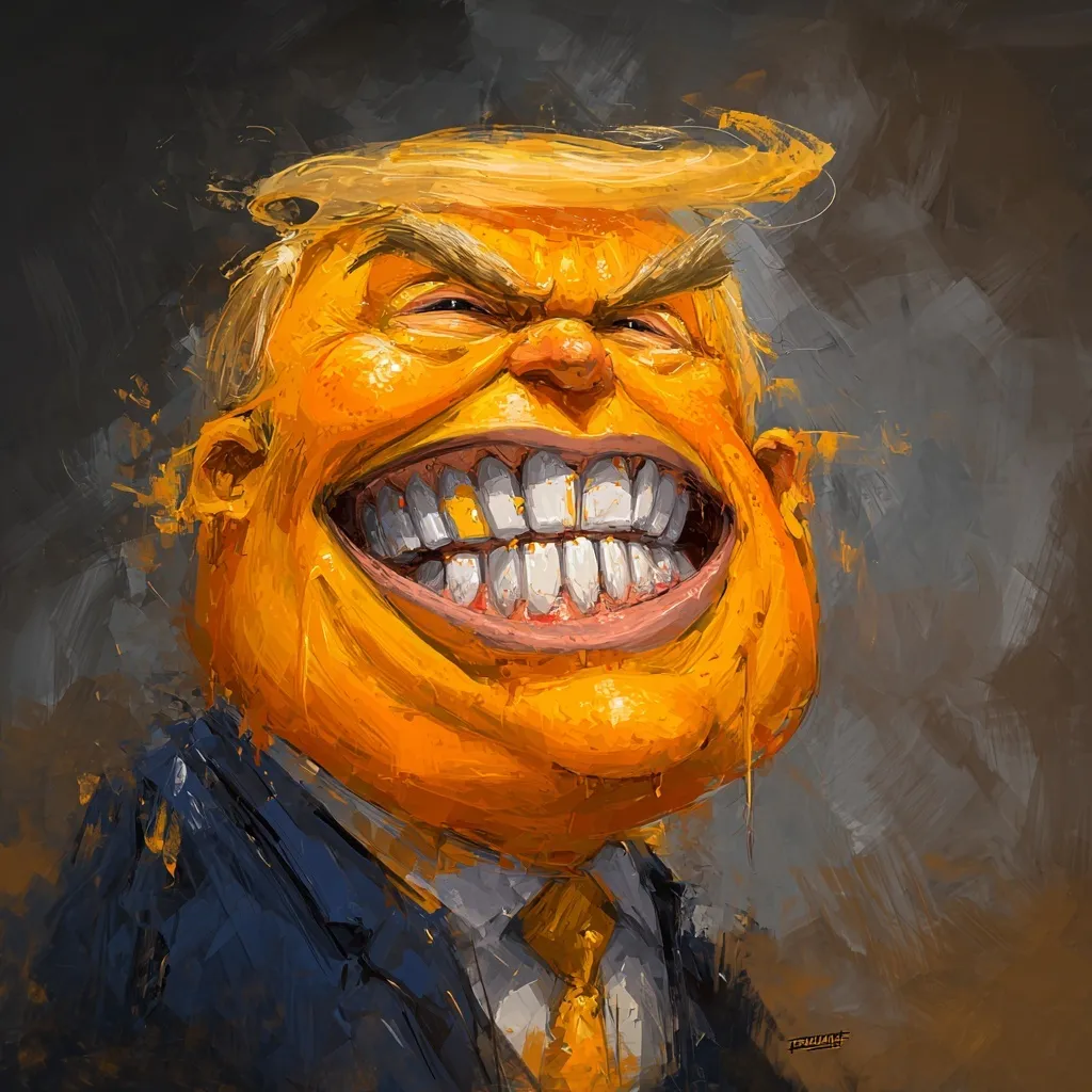A caricature illustration of Donald Trump depicted as an orange with an iced-out rapper grill in his mouth.