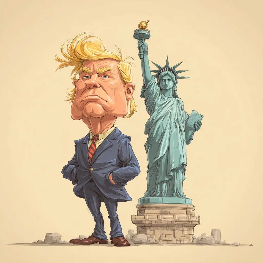 A digital caricature illustration of Donald Trump standing next to a cartoon Statue of Liberty.