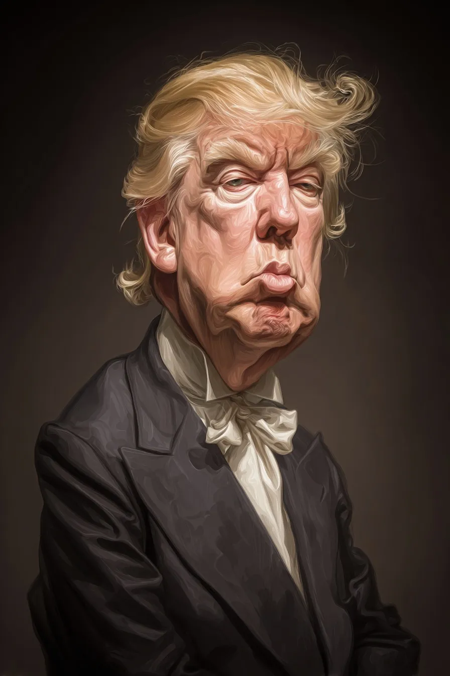 A professional caricature illustration of Donald Trump created by artist Court Jones.