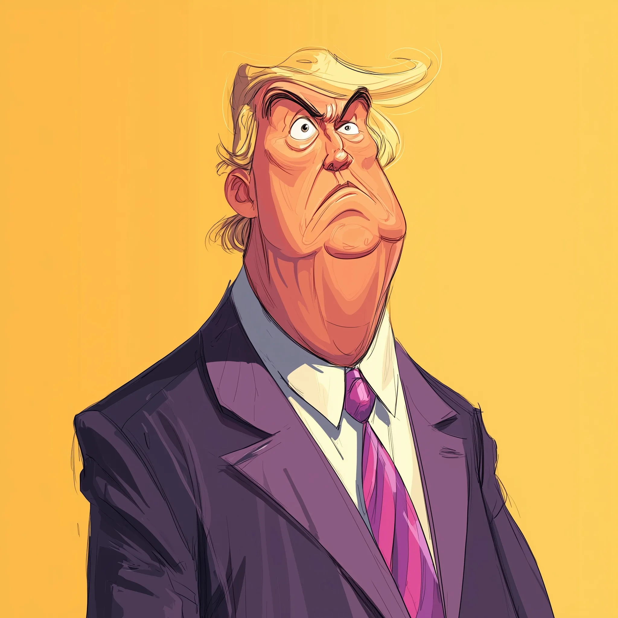 A satirical caricature illustration of Donald Trump featuring exaggerated features and a professional art style.