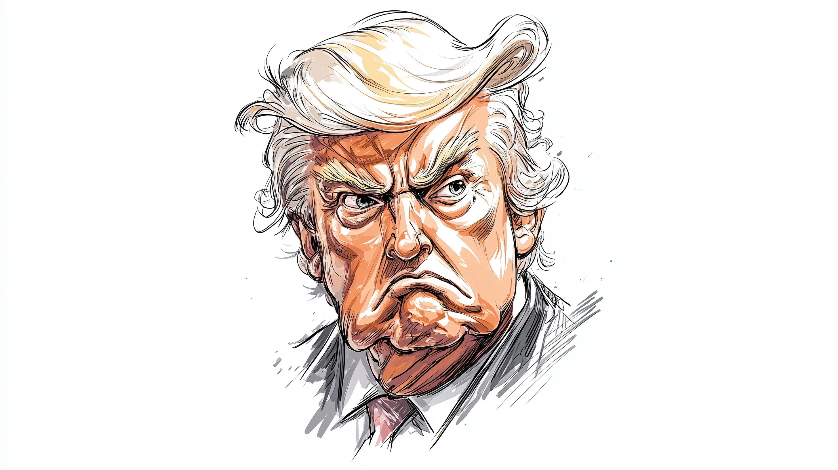Hand-drawn angry Donald Trump cartoon caricature isolated on a plain white background.
