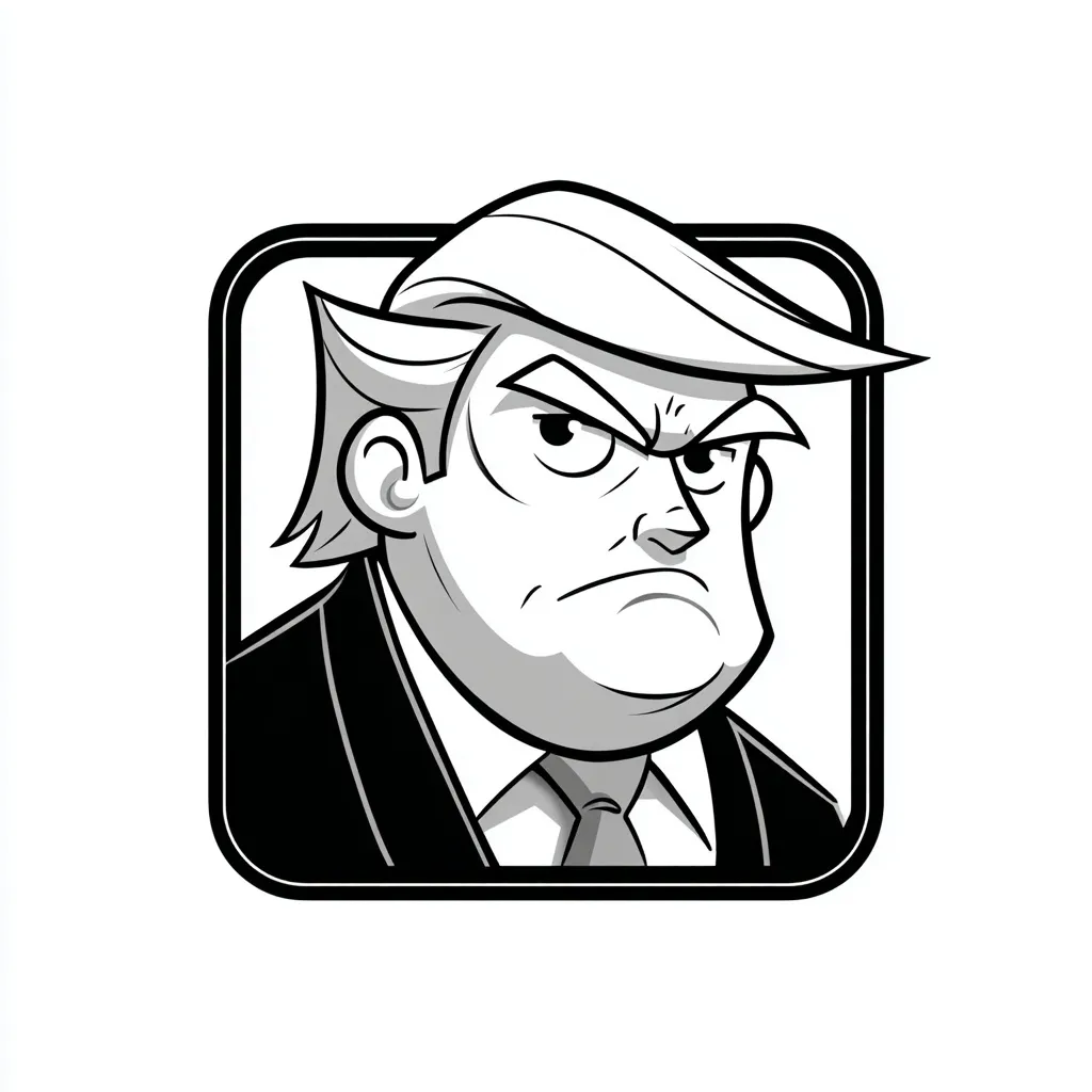 Minimalist black and white caricature icon of Donald Trump, representing trade war themes in a simple cartoon style.