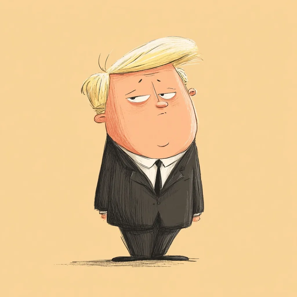 Kidney bean-shaped caricature of a man with orange skin, squinty eyes, and a blonde comb-over in a black suit.