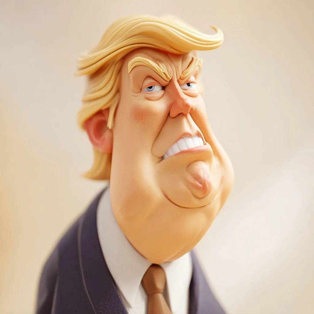 A stylized 3D caricature of Donald Trump with an oversized head and expressive features on a minimalist background.