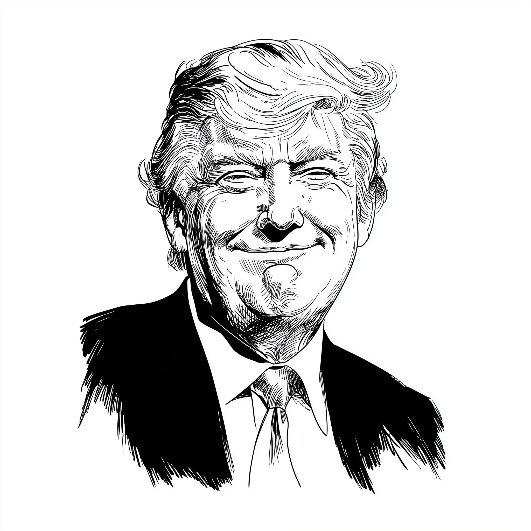 A black and white line art caricature illustration of Donald Trump with exaggerated features and a happy expression.
