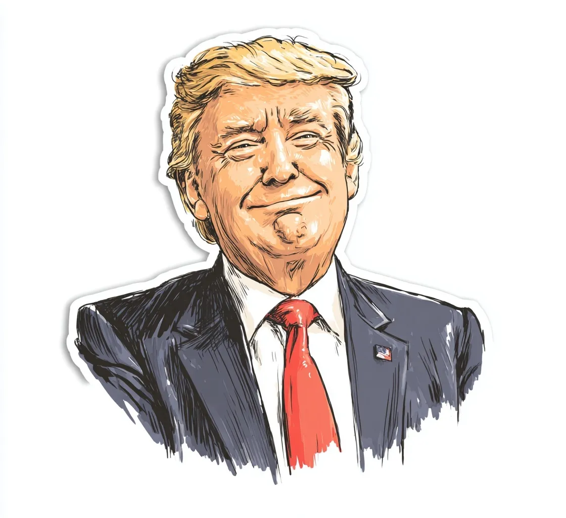 A smiling Donald Trump caricature sticker, flat vector illustration isolated on a clean white background.