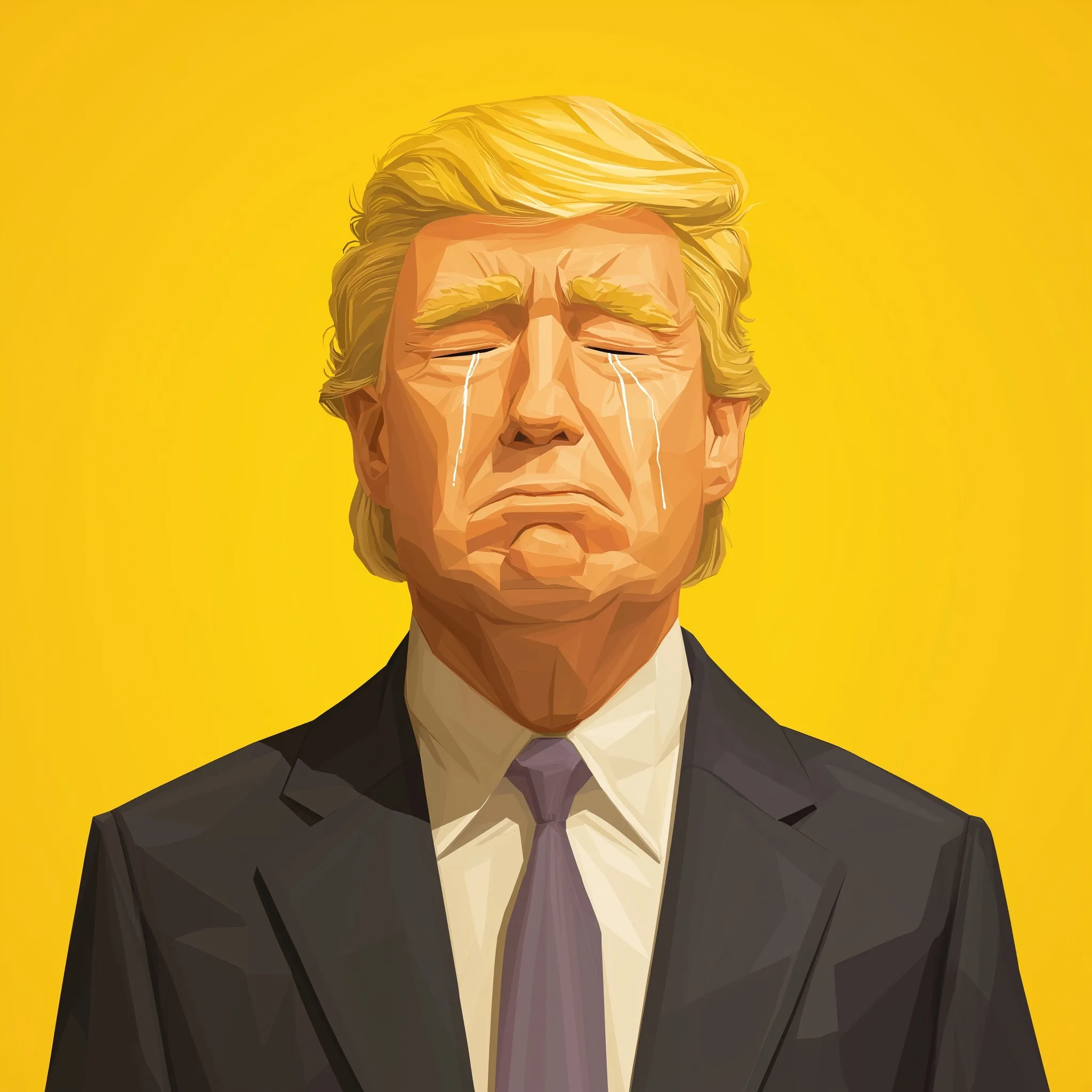 A satirical caricature of Donald Trump with a crying emoji face against a plain background.