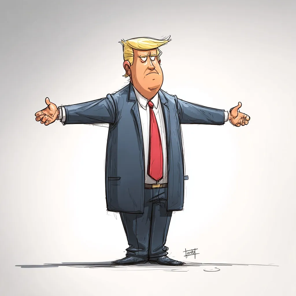A digital caricature cartoon of Donald Trump standing in a T-pose against a neutral background.