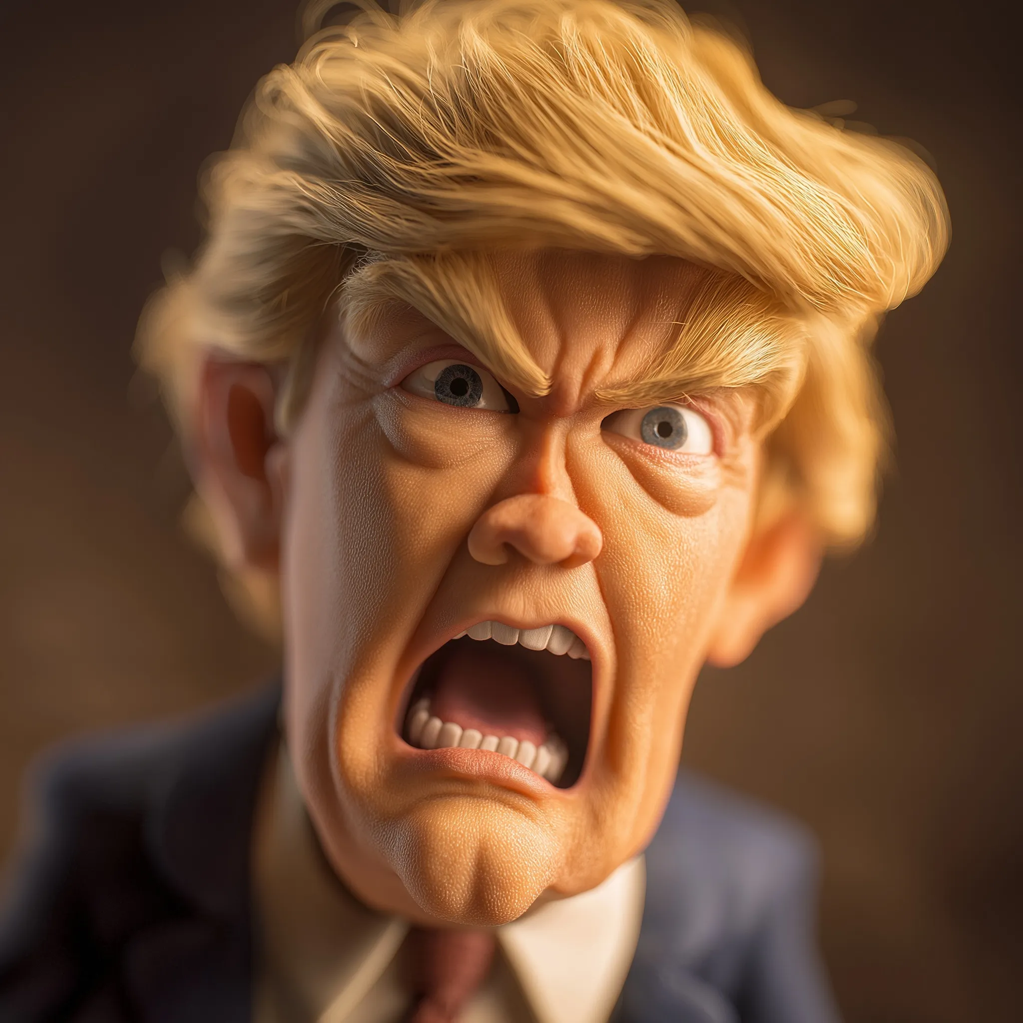 A hyperrealistic, funny caricature of Donald Trump smiling with an open mouth, captured in high-quality film style.