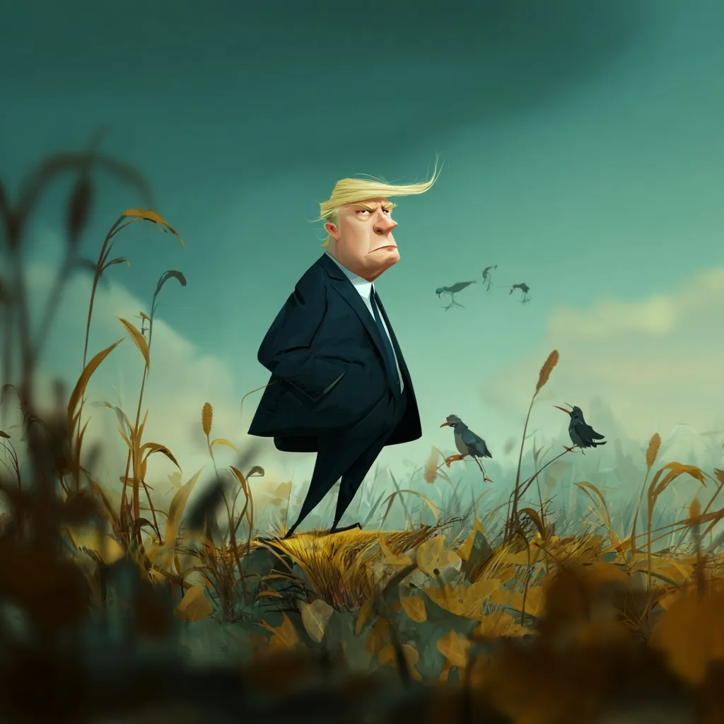 A professional cartoon caricature illustration of Donald Trump featuring bold, expressive artistic style.