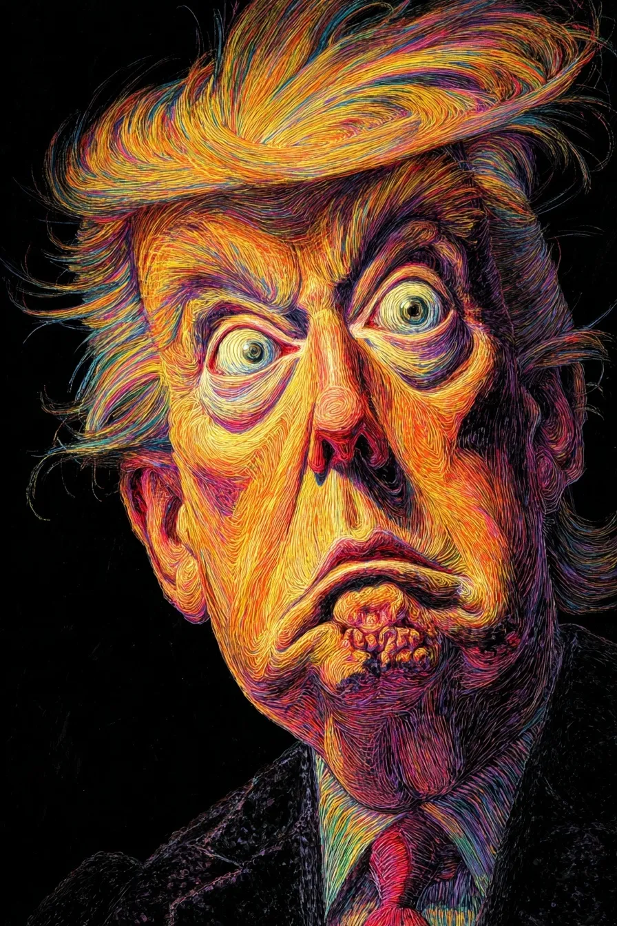 Psychedelic Donald Trump caricature in Ed Big Daddy Roth style on black velvet, looking lost and confused.