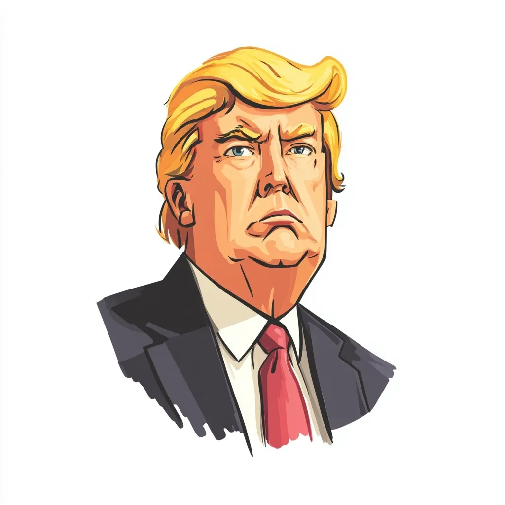 A bold vector caricature illustration of Donald Trump on a solid white background with clean line art.