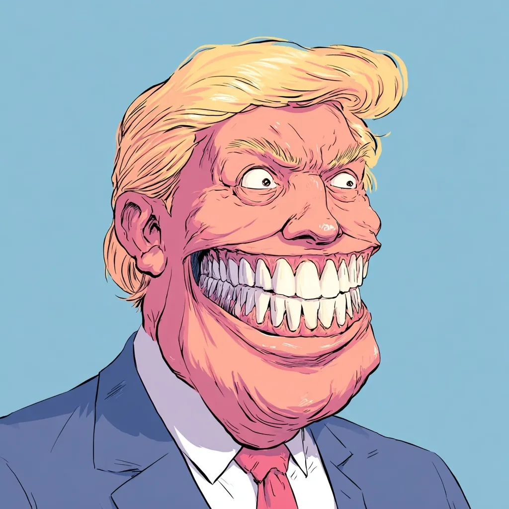 A satirical caricature of Donald Trump featuring exaggerated giant gums and small teeth.