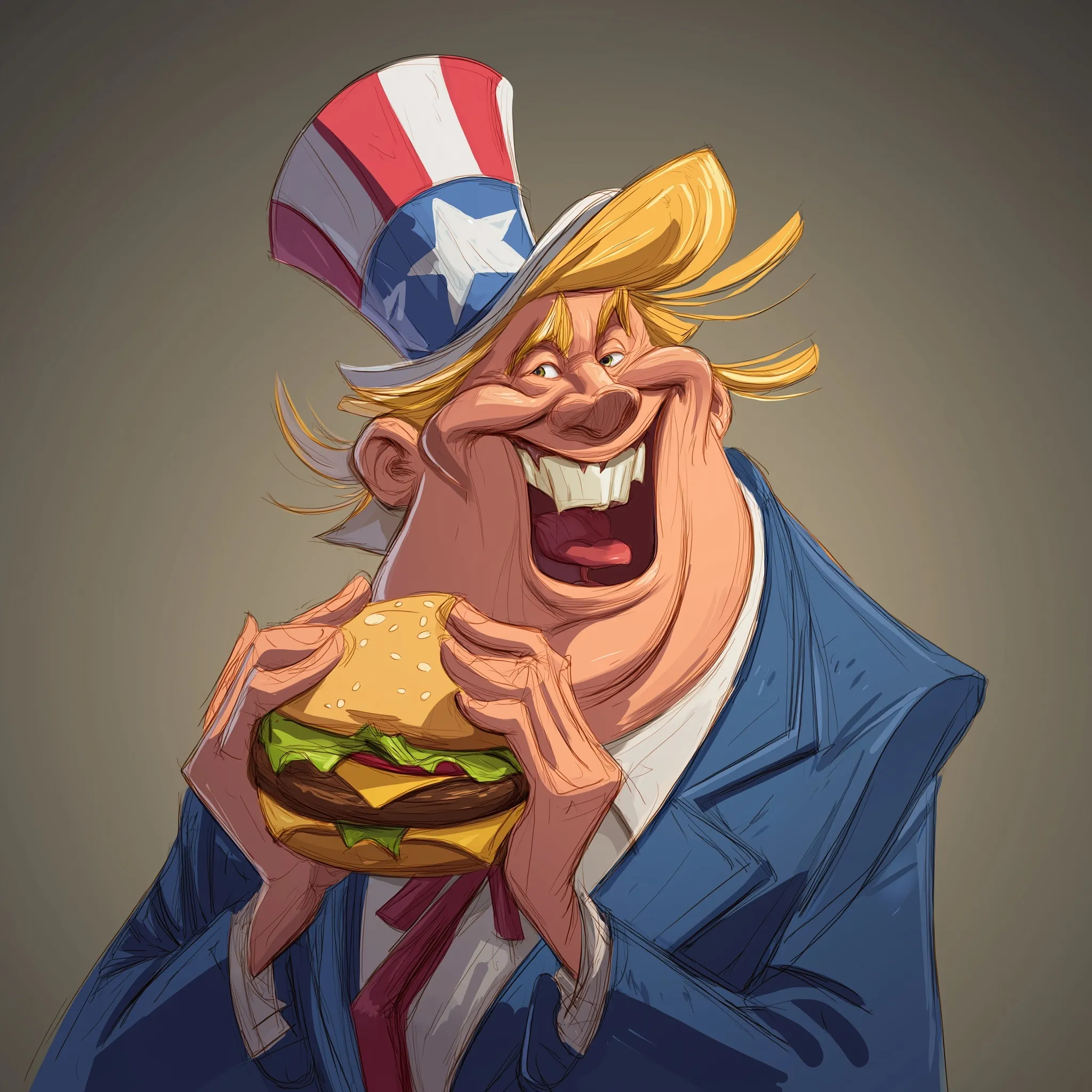 A funny caricature of a Trump-like character wearing an American flag hat and eating a giant hamburger.