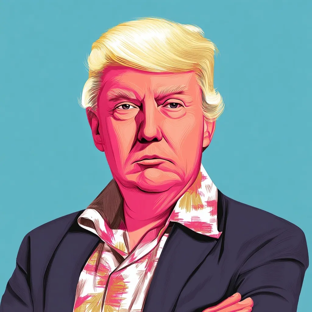 A modern, artistic caricature illustration of Donald Trump in the colorful, trendy Hipstory style by Amit Shimoni.