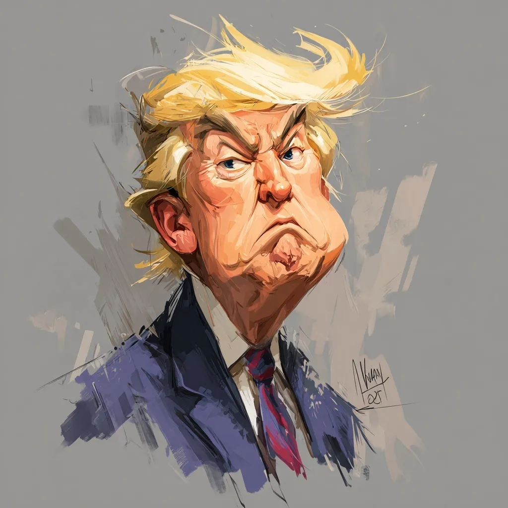 A humorous, hand-drawn caricature portrait of Donald Trump with exaggerated features on a neutral background.