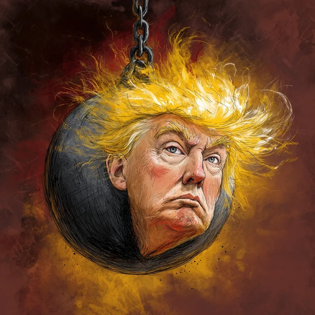 A satirical caricature of a wrecking ball featuring a face with blonde hair and a turkey neck.