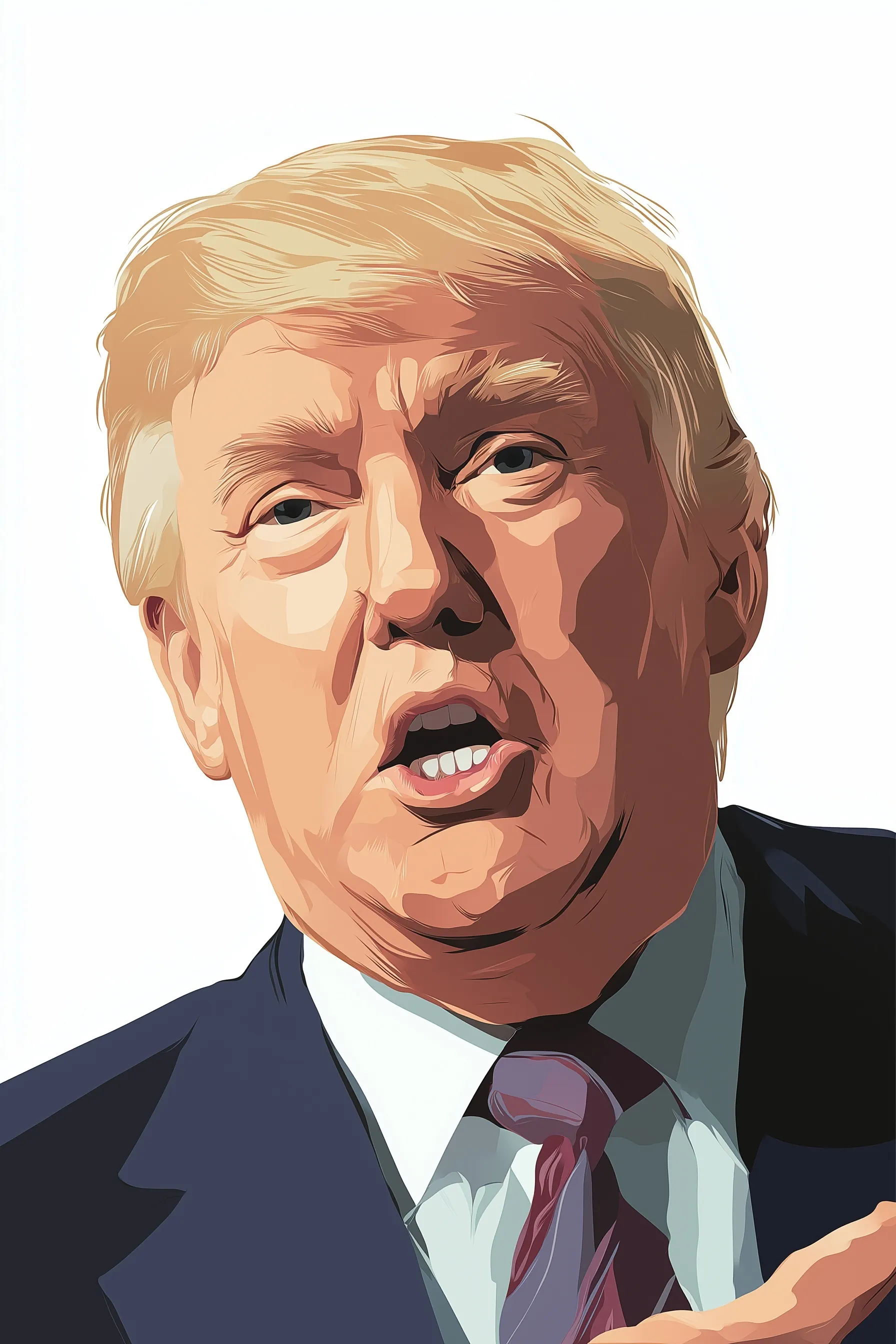 A detailed vector caricature of Donald Trump in a stylized American cartoon art style, front-facing portrait.