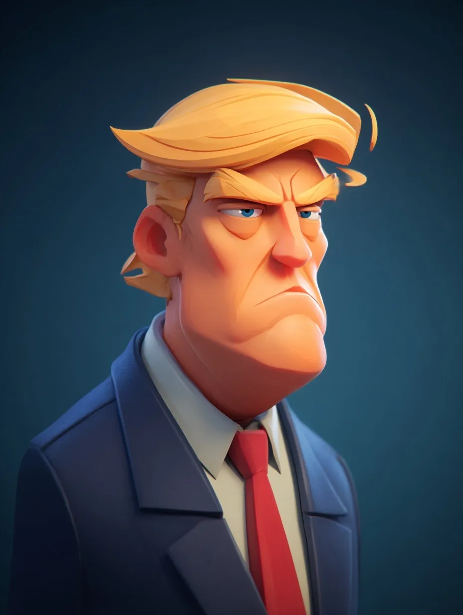 A 3D caricature of a news anchor resembling Donald Trump, featuring a suit and red tie against a dark blue background.