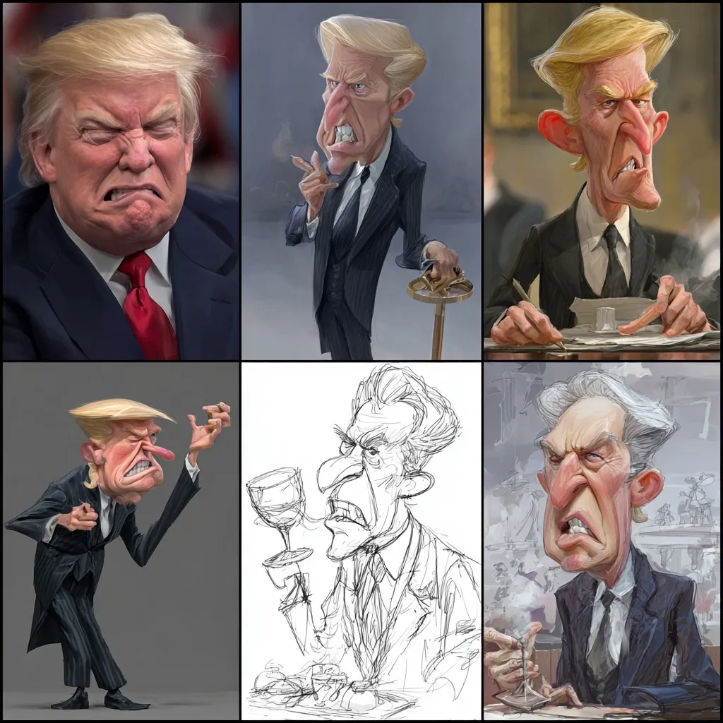 A satirical caricature illustration of Donald Trump capturing his iconic facial expressions and personality.