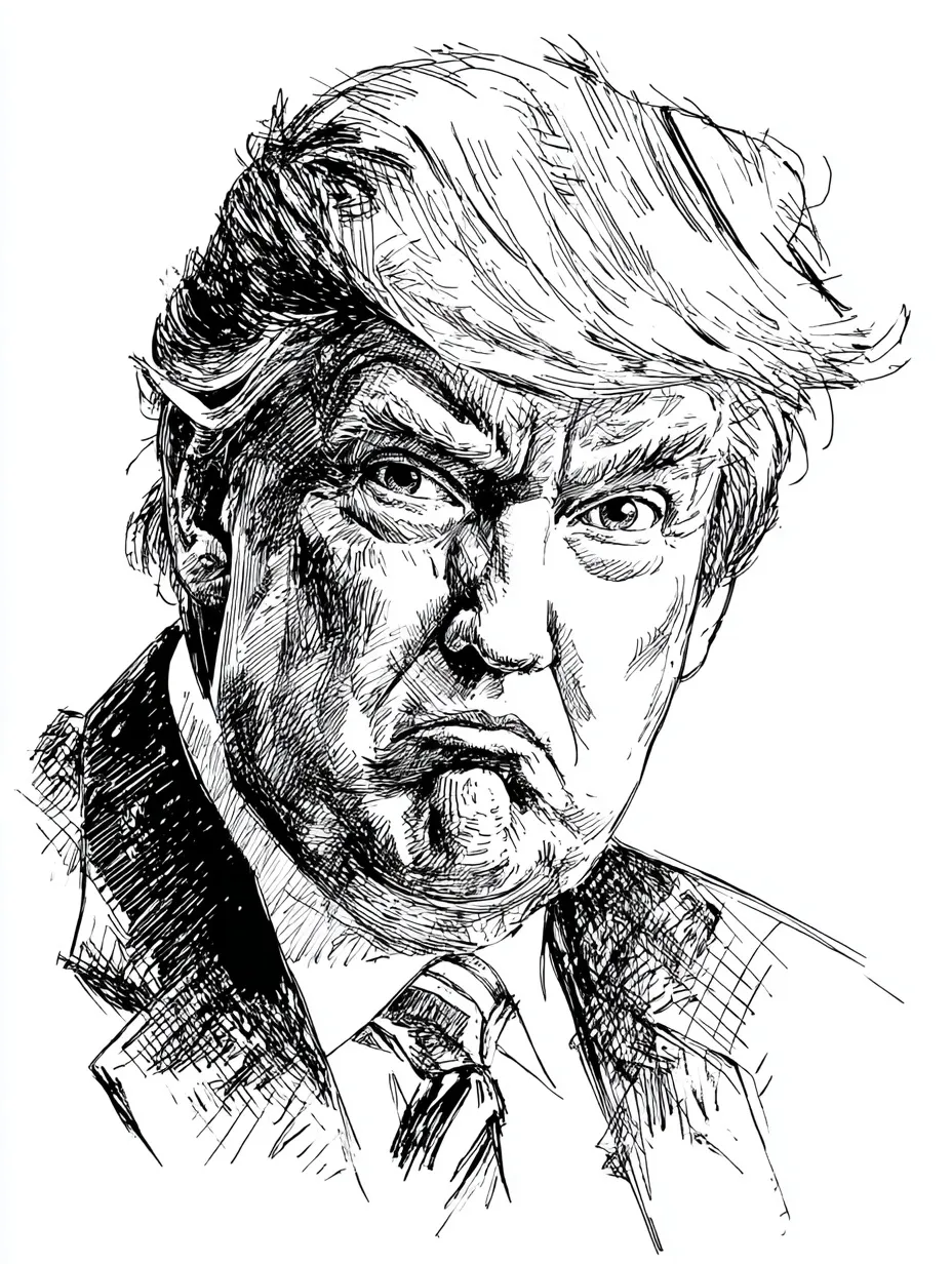 Bold vector line illustration of a Donald Trump caricature with exaggerated features in an etching art style.