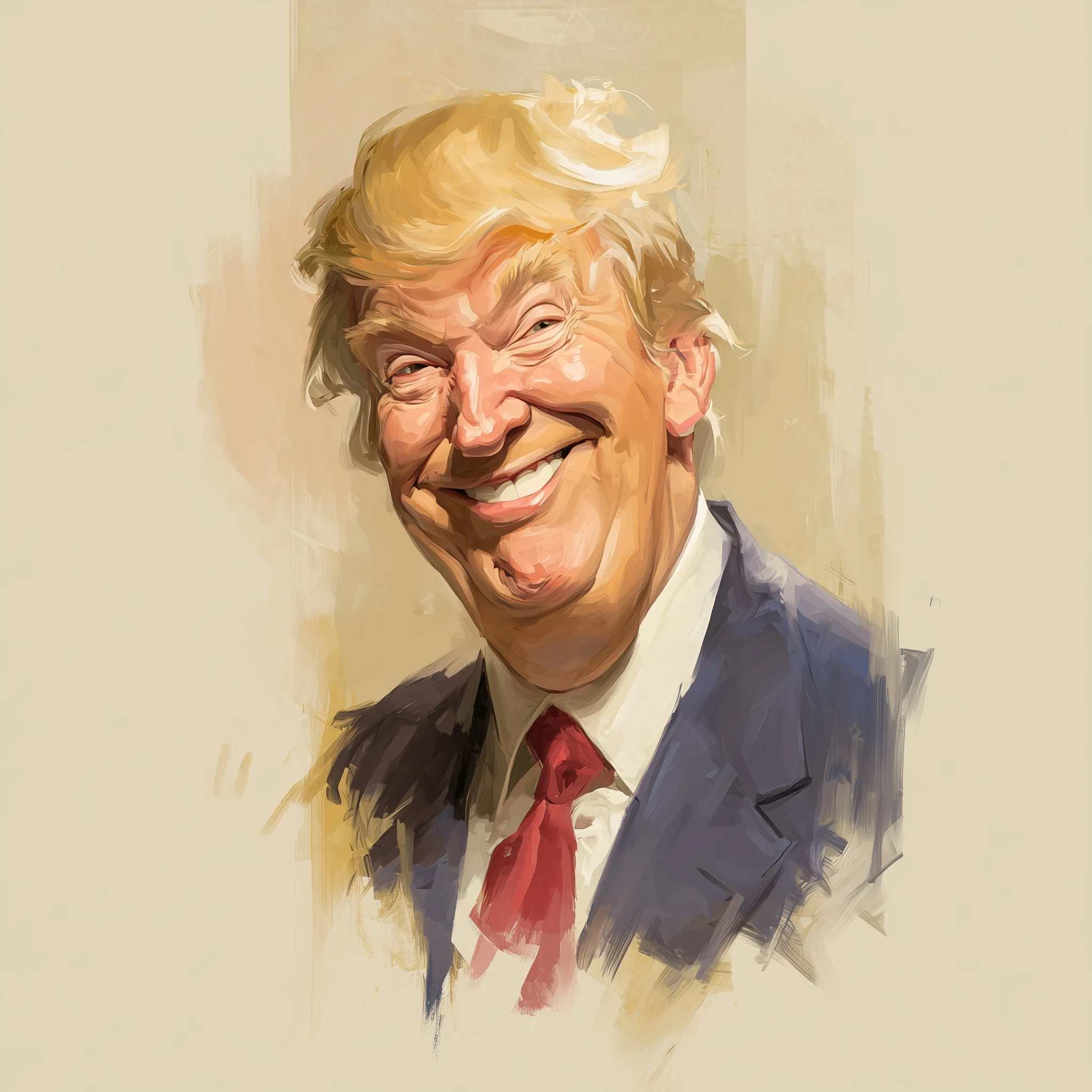 A realistic painted caricature of Donald Trump smiling, featuring expressive digital art style.