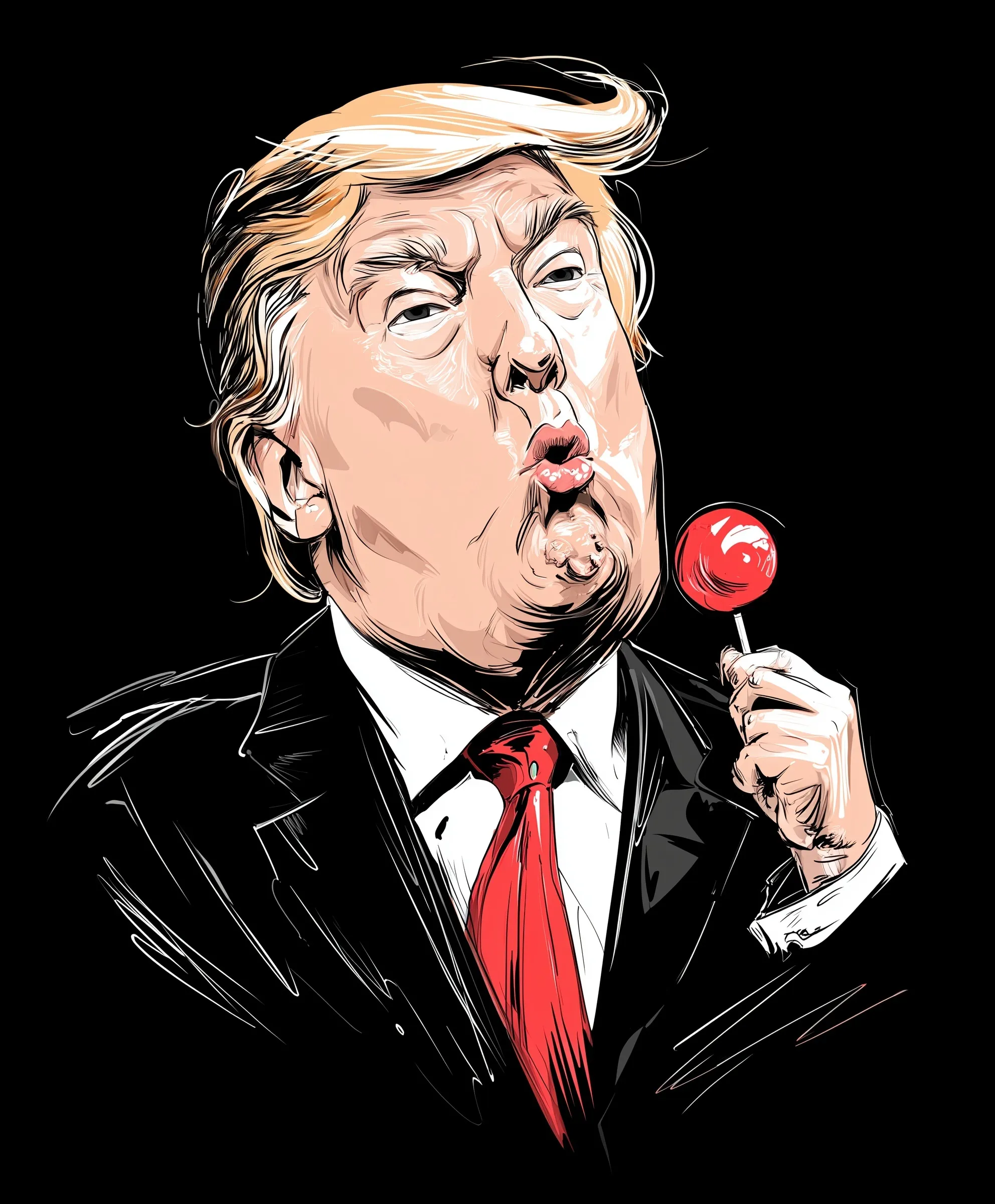 A funny caricature cartoon of Donald Trump eating a red and white lollipop against a solid black background.