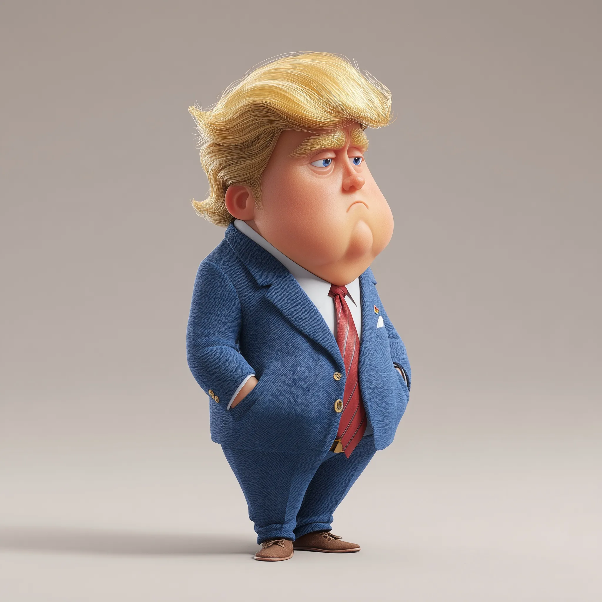 Pixar-style 3D caricature of Donald Trump wearing a blue suit and an exaggerated long red tie.