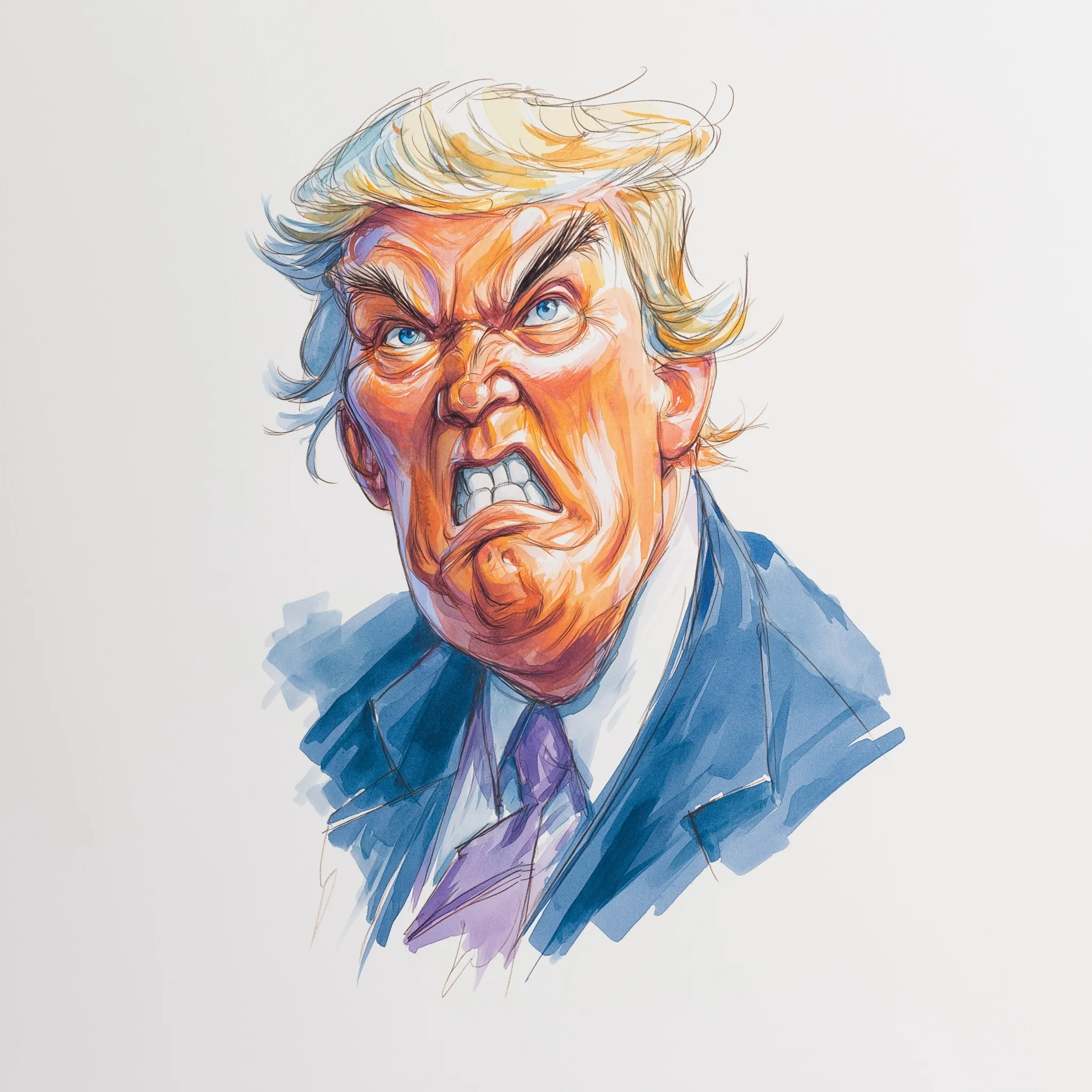 A creative gouache caricature illustration of Donald Trump, capturing his distinctive features in a painted style.