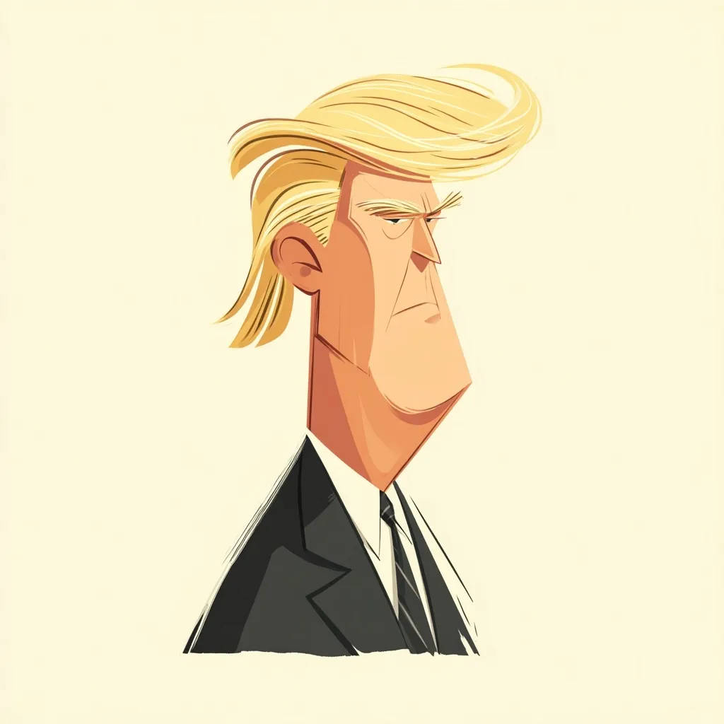 A stylized caricature illustration of Donald Trump featuring his iconic blond side-parted hairstyle.