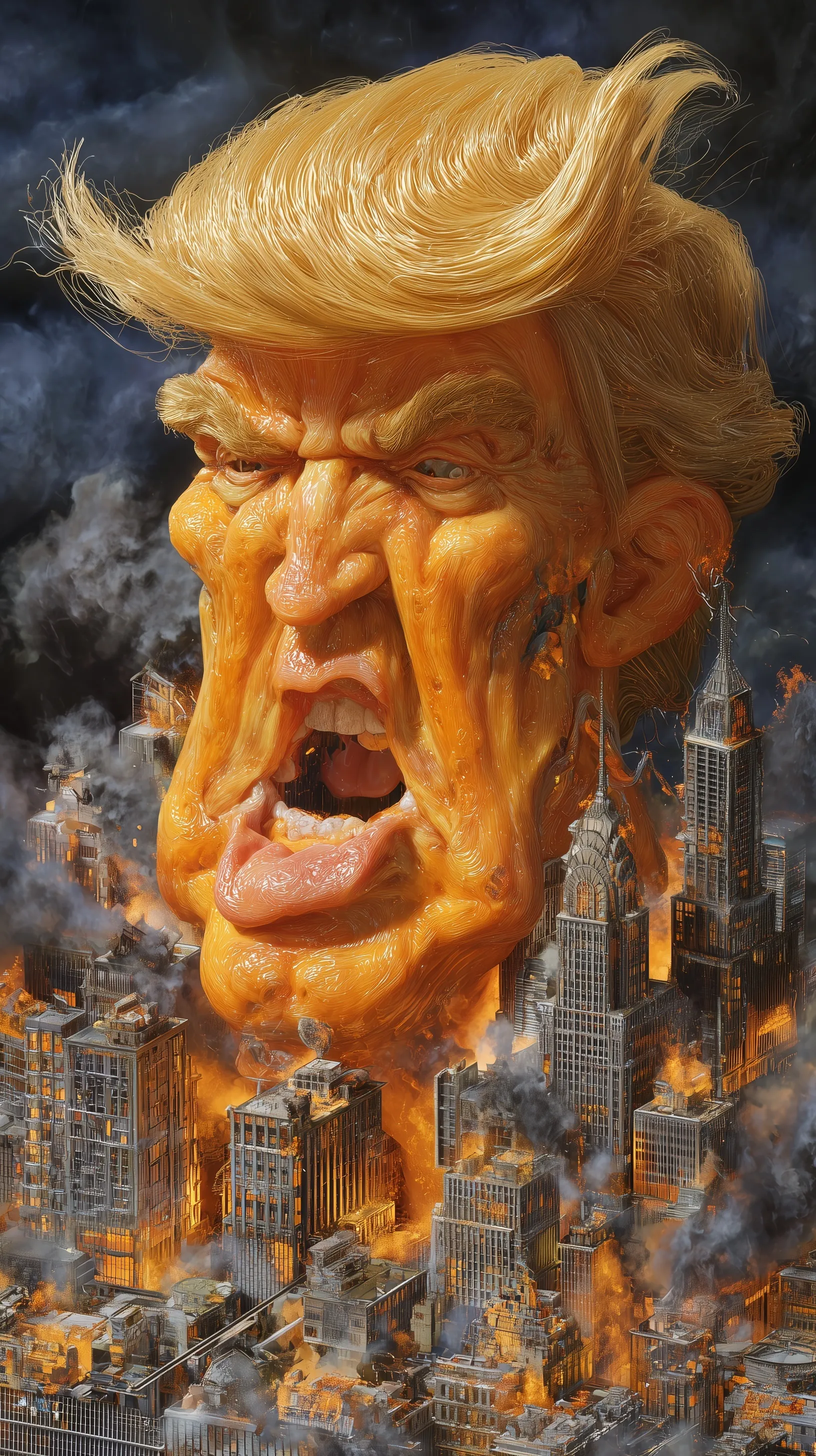 Grotesque Trump caricature breathing fire over a collapsing dystopian city in a cinematic, hyper-realistic style.